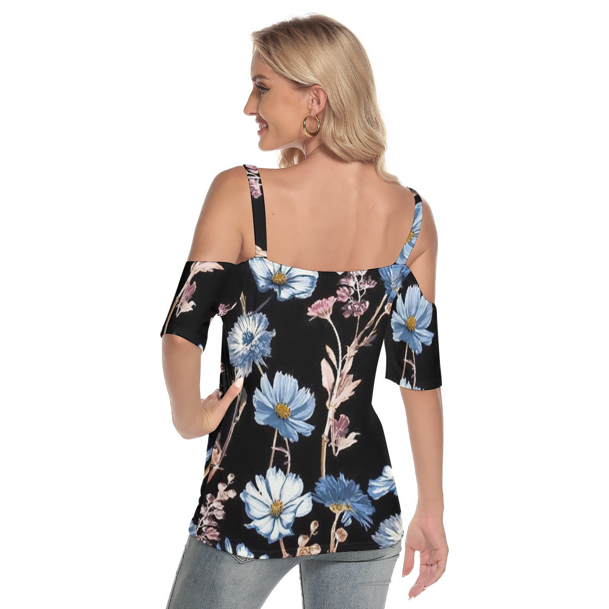 All-Over Print Women's Cold Shoulder T-shirt With Criss Cross Strips