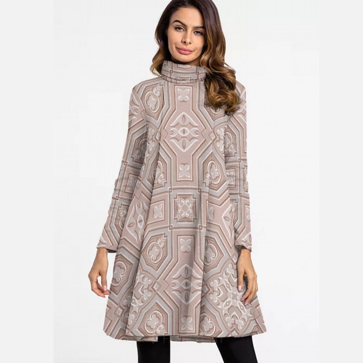 All-Over Print Women's High Neck Dress With Long Sleeve