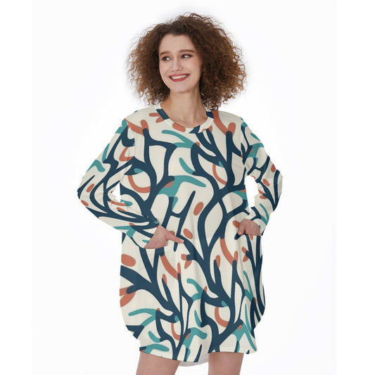 All-Over Print Women's Casual Loose Long Sleeve Dress With Pocket