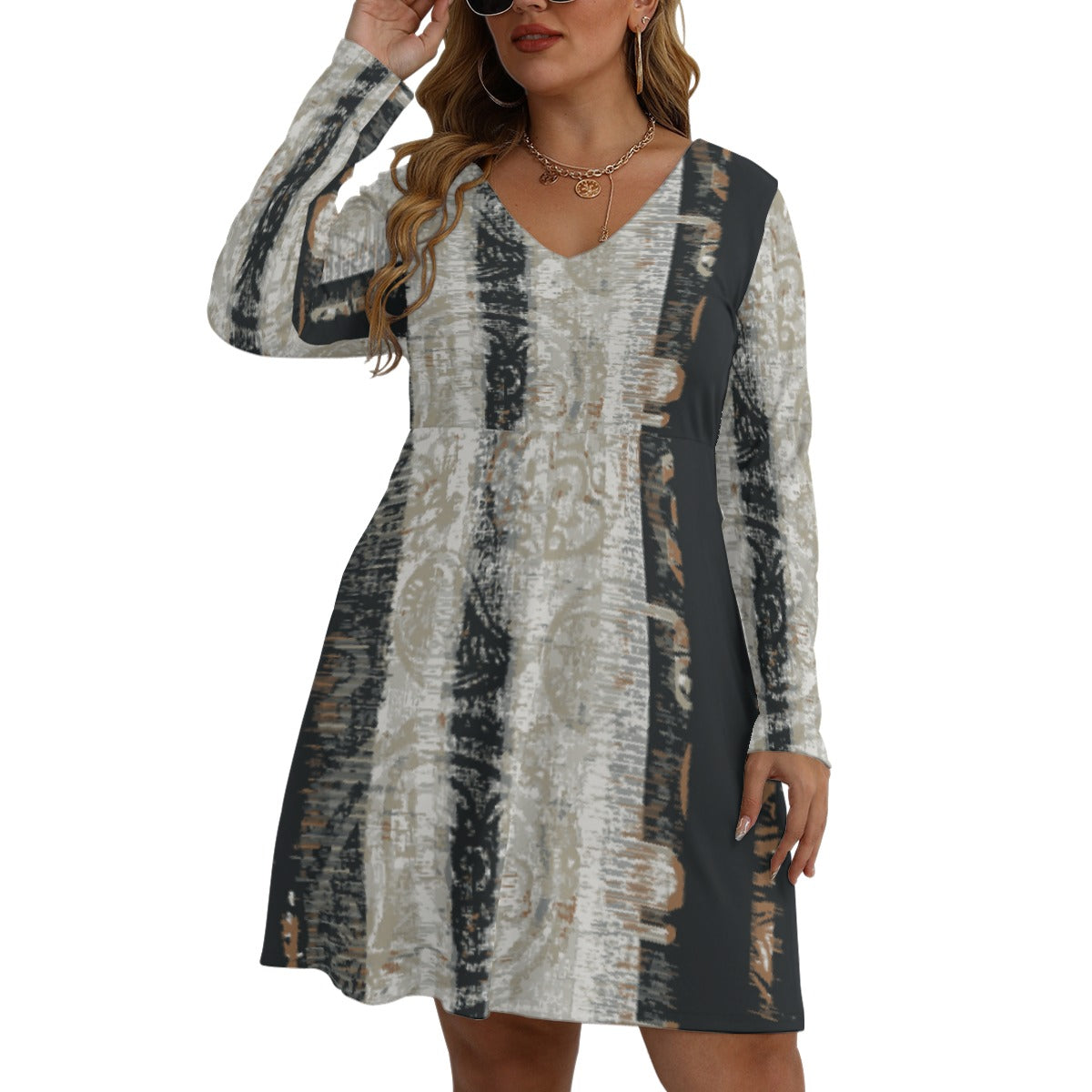 All-Over Print Women's V-neck Long Sleeve Dress(Plus Size)