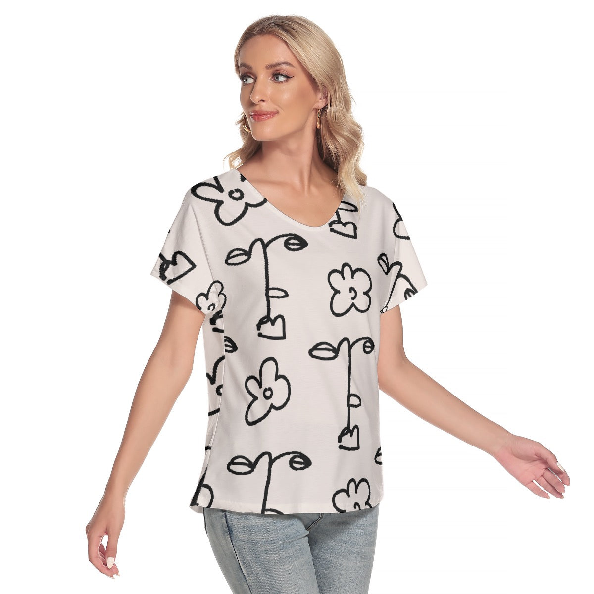 All-Over Print Women's Loose V-neck Short Sleeve T-shirt