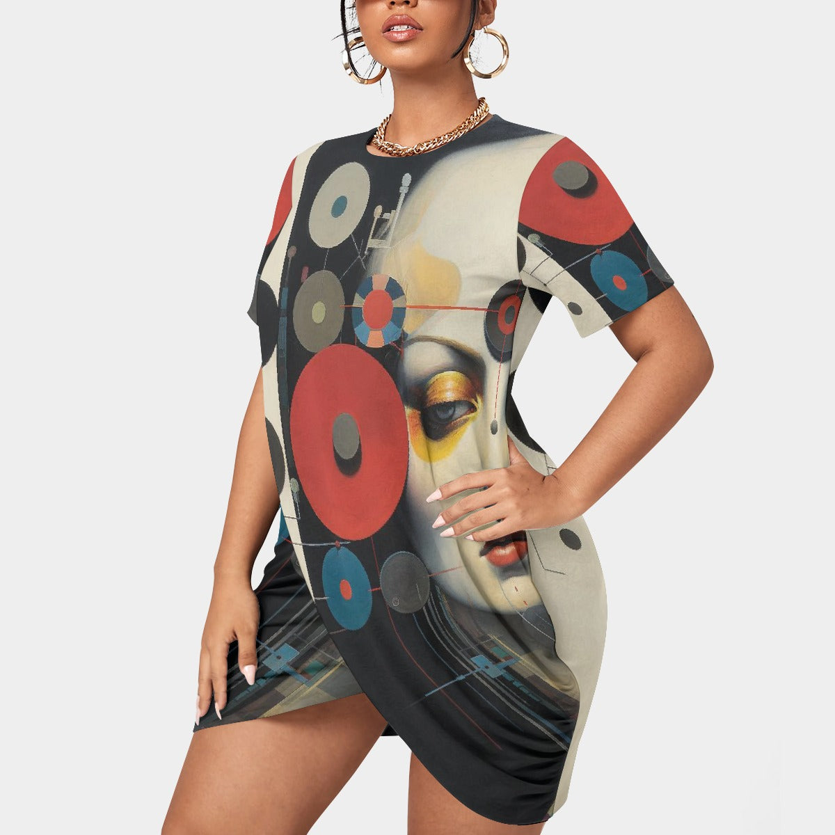 All-Over Print Women’s Stacked Hem Dress With Short Sleeve（Plus Size）