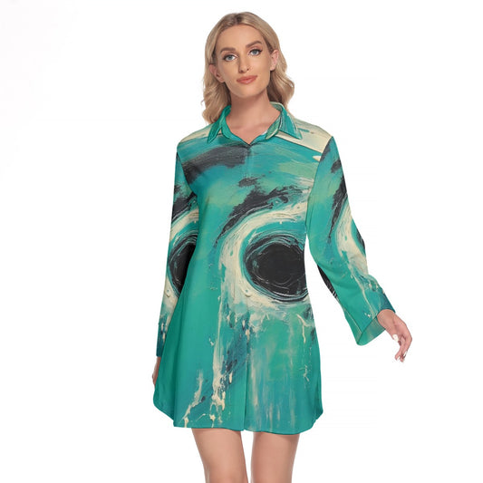 All-Over Print Women's Lapel Shirt Dress With Long Sleeve