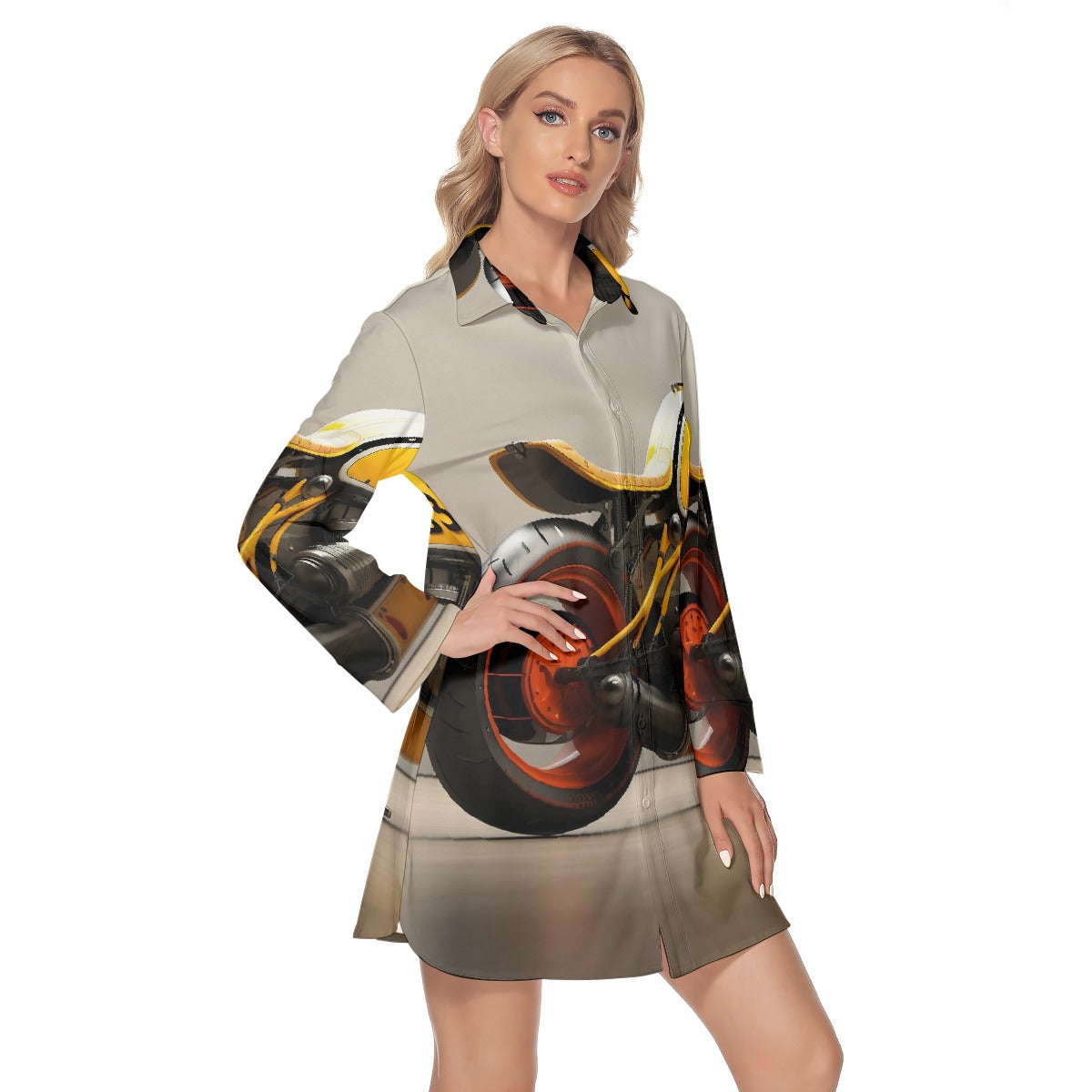 All-Over Print Women's Lapel Shirt Dress With Long Sleeve