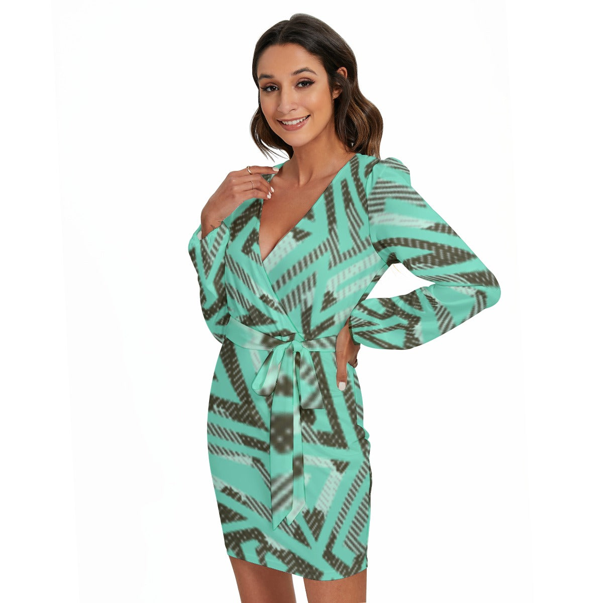 All-Over Print Women's Long Sleeve Dress With Waist Belt