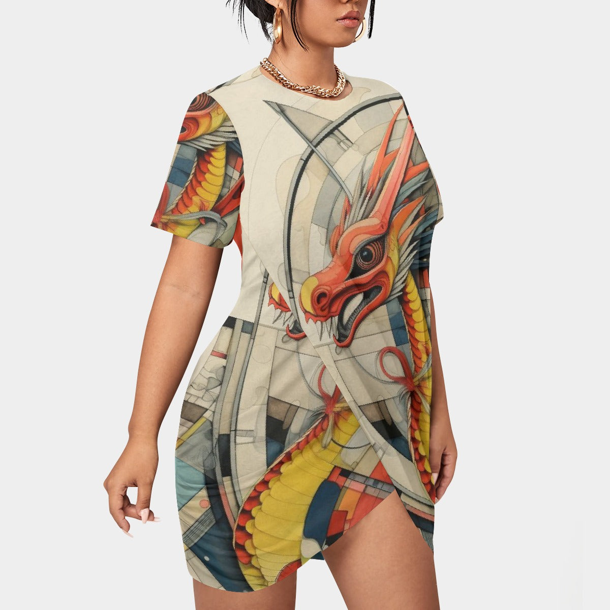 All-Over Print Women’s Stacked Hem Dress With Short Sleeve（Plus Size）