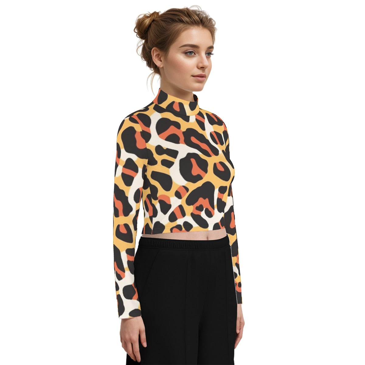 Eco-Friendly All-Over Print Women's Turtleneck T-shirt With Long Sleeve