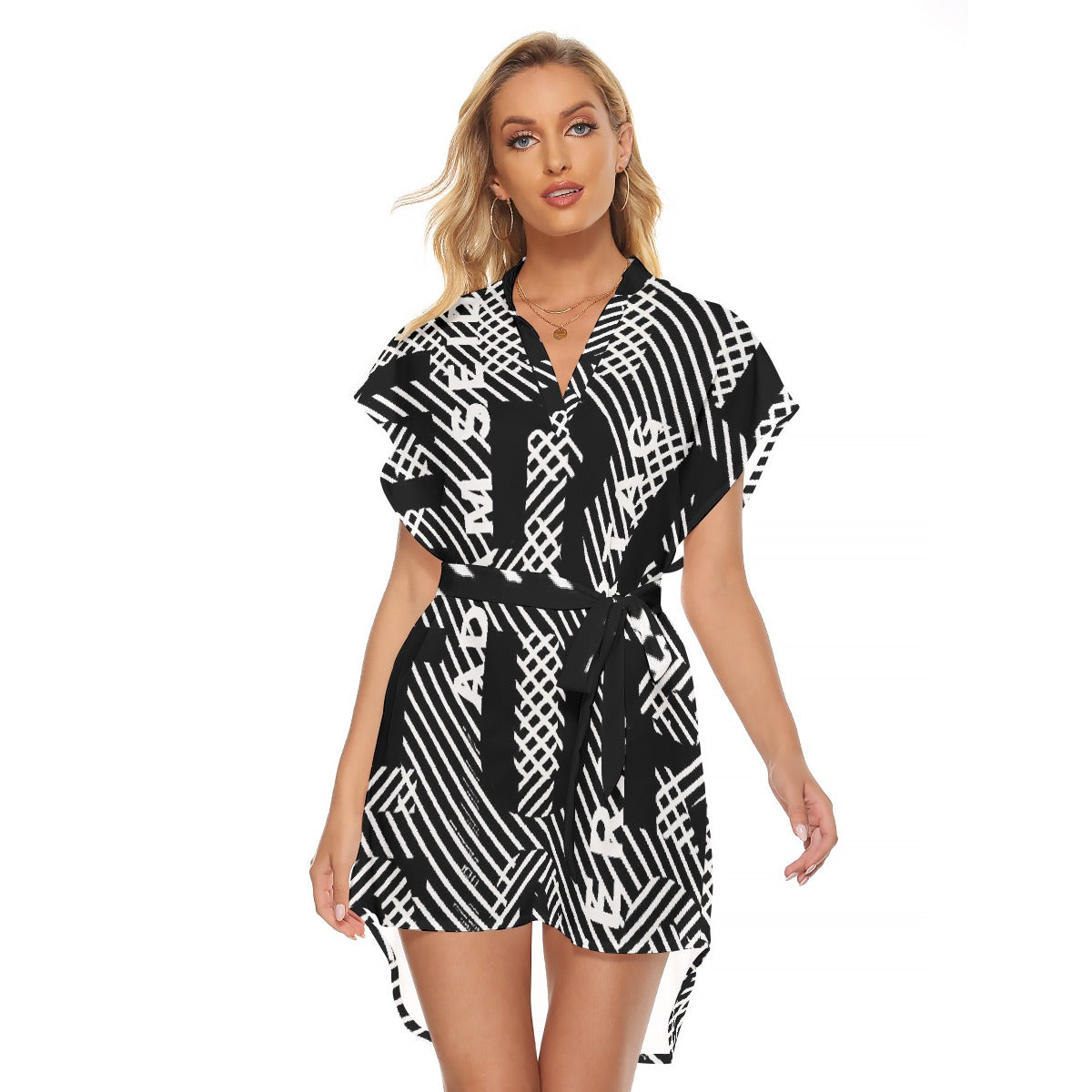 All-Over Print Women's Stand-up Collar Casual Dress With Belt