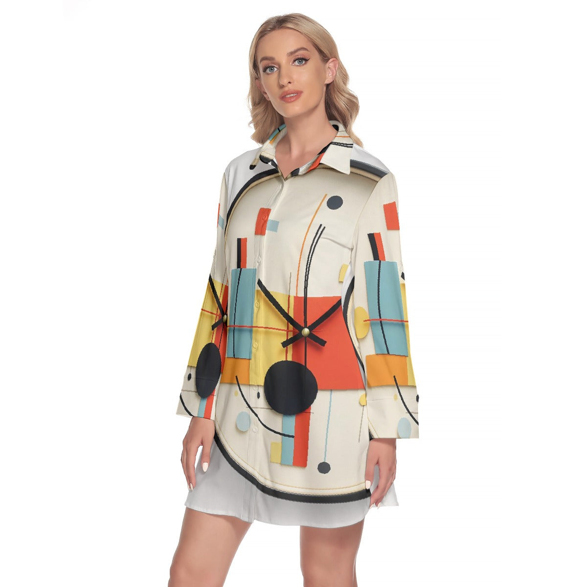 All-Over Print Women's Lapel Shirt Dress With Long Sleeve