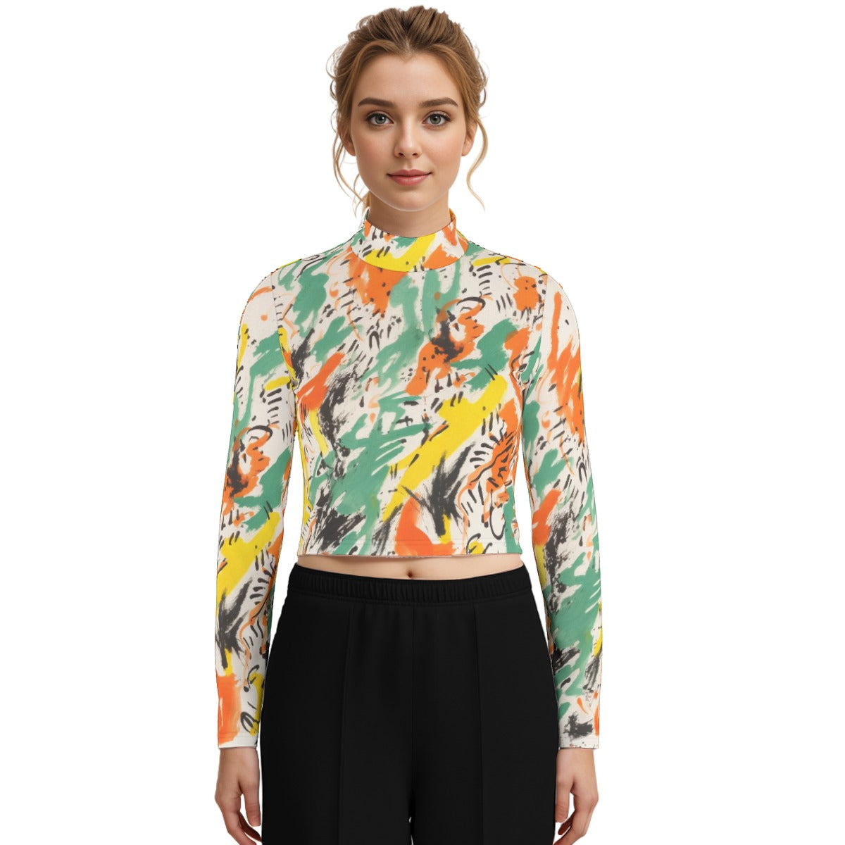 Eco-Friendly All-Over Print Women's Turtleneck T-shirt With Long Sleeve