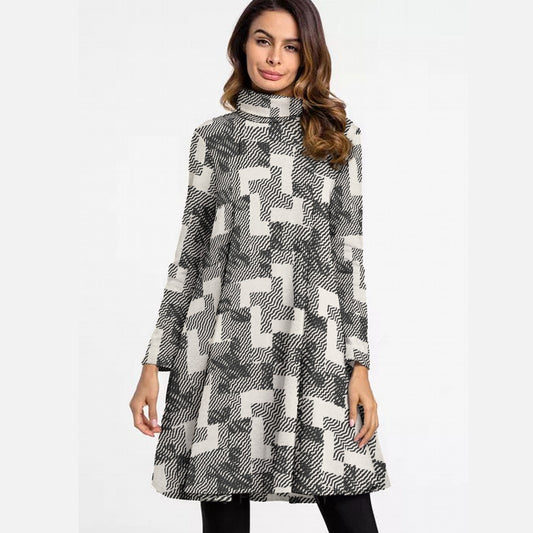 All-Over Print Women's High Neck Dress With Long Sleeve