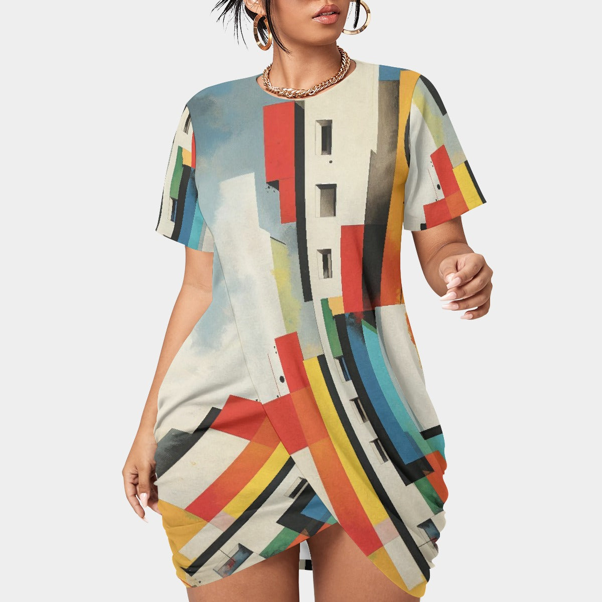 All-Over Print Women’s Stacked Hem Dress With Short Sleeve（Plus Size）