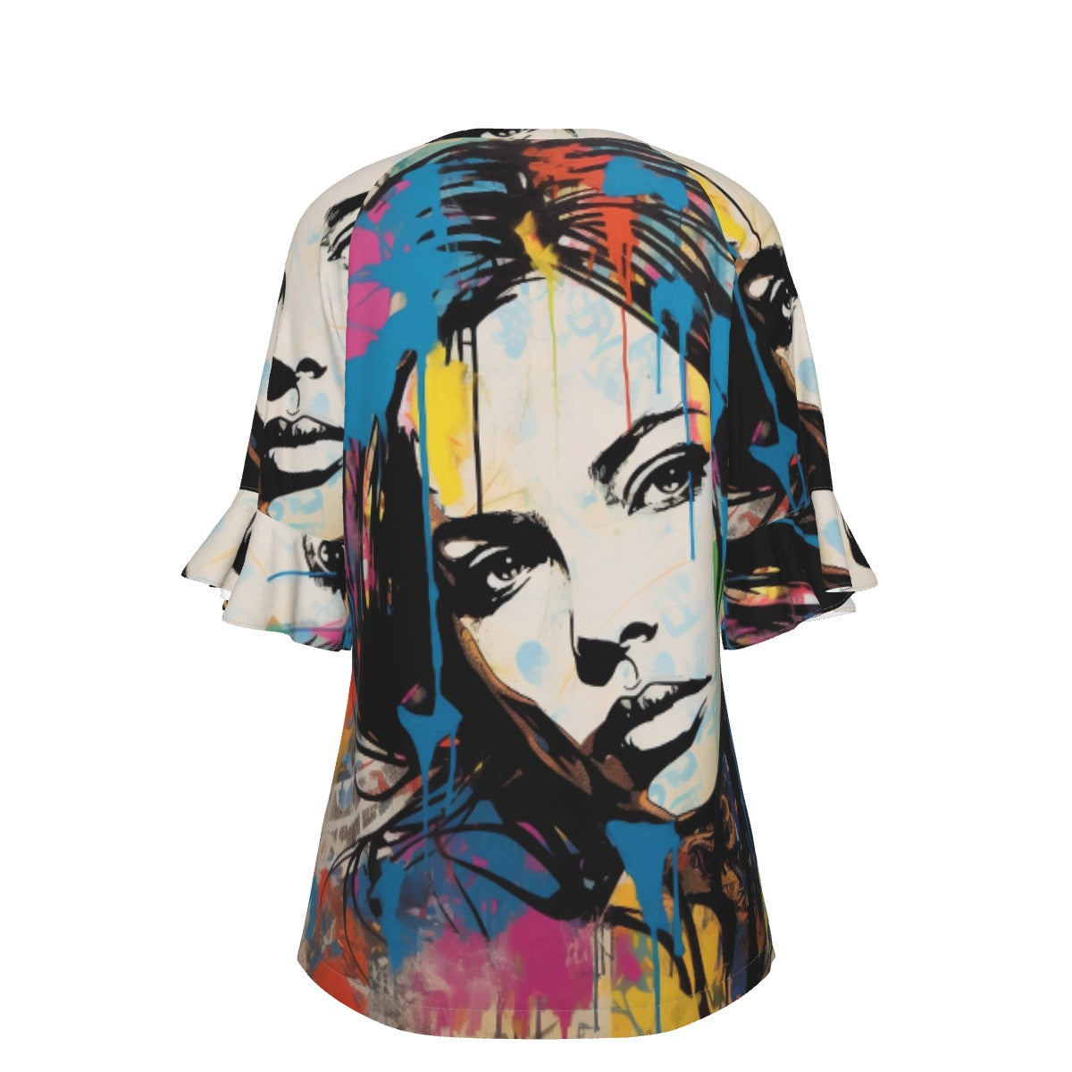 All-Over Print V-neck Women's T-shirt With Bell Sleeve