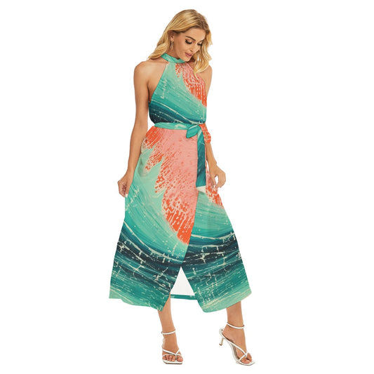 All-Over Print Women's Wrap Hem Belted Halter Dress