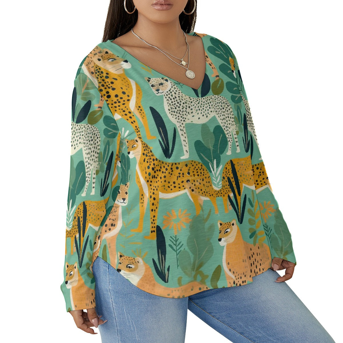 All-Over Print Women's V-neck T-shirt With Curved Hem(Plus Size)