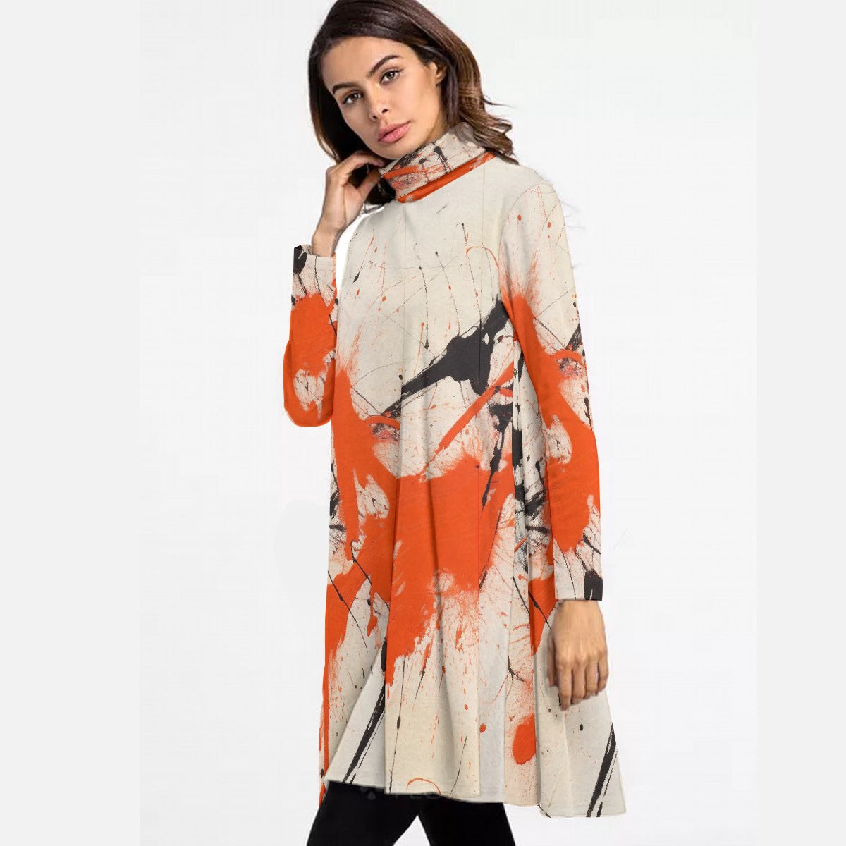 All-Over Print Women's High Neck Dress With Long Sleeve