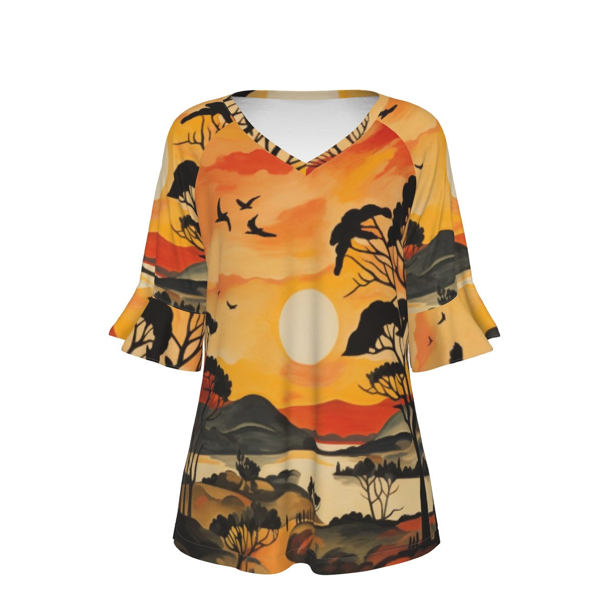 All-Over Print V-neck Women's T-shirt With Bell Sleeve