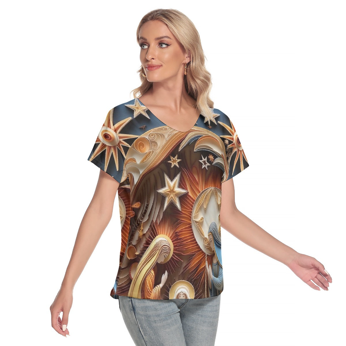 All-Over Print Women's Loose V-neck Short Sleeve T-shirt