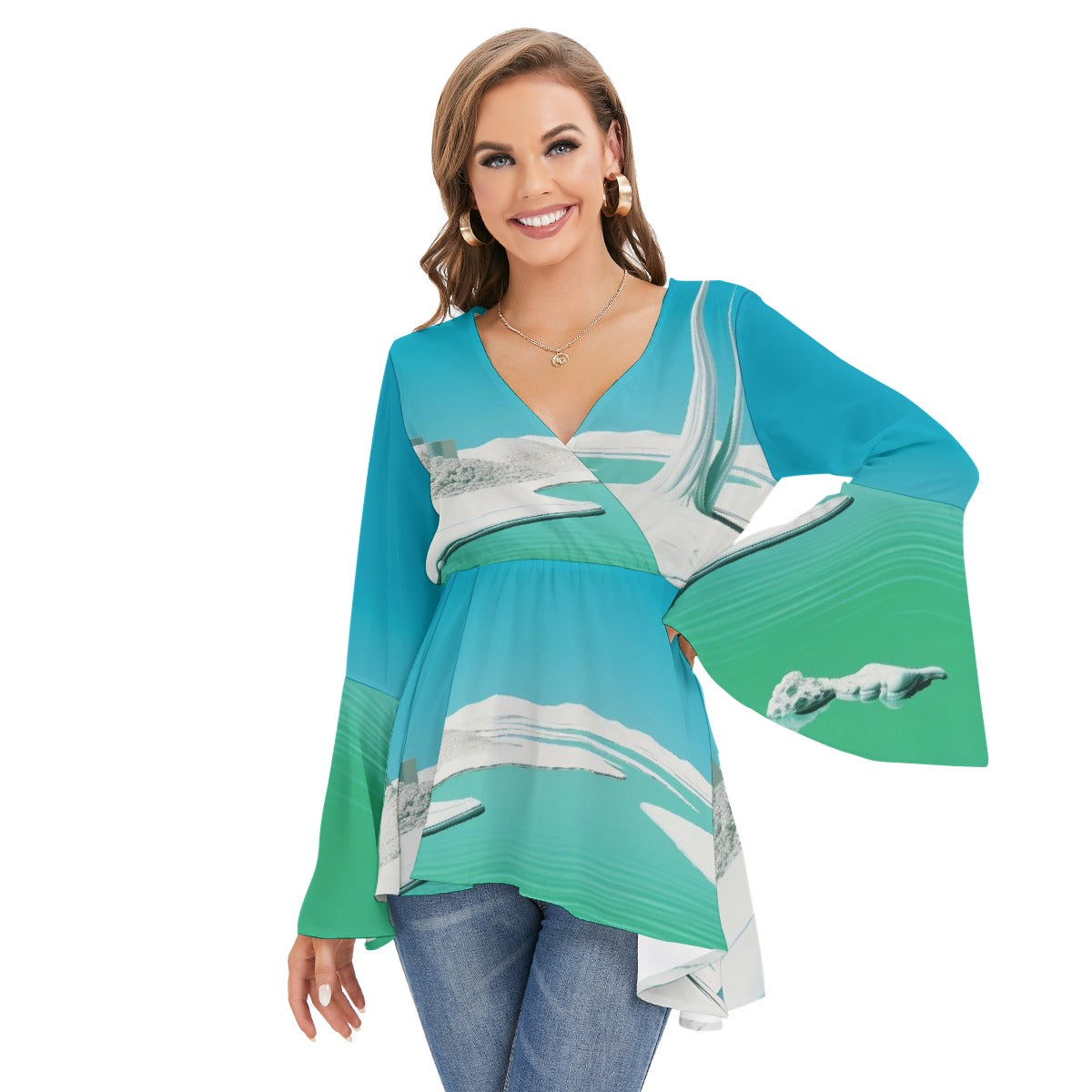 All-Over Print Women's V-neck Blouse With Flared Sleeves