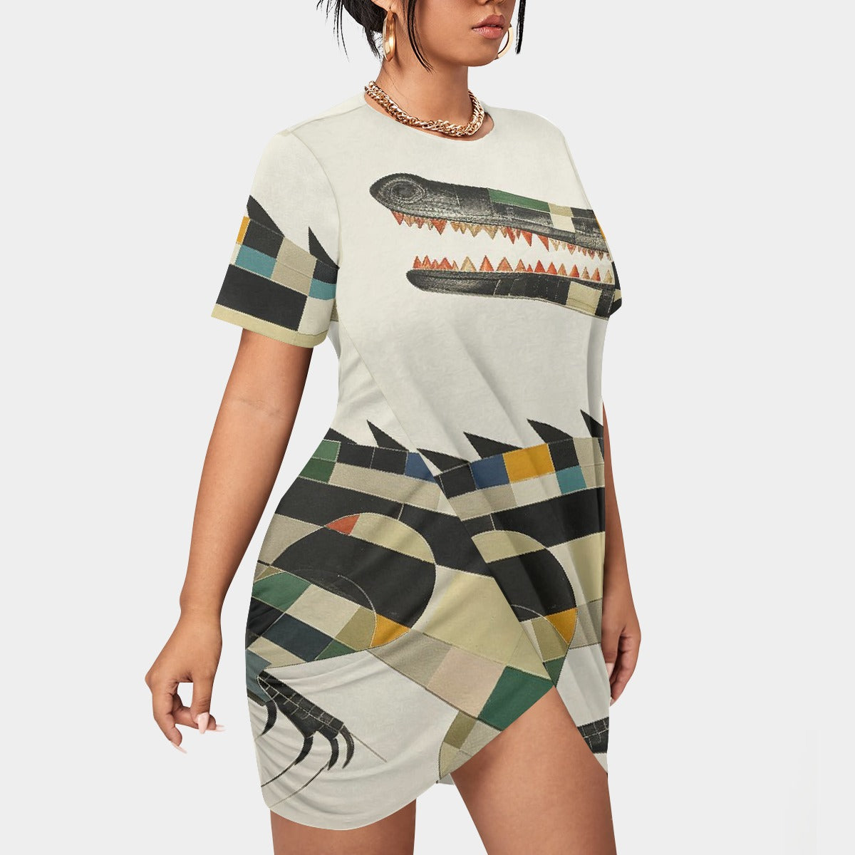 All-Over Print Women’s Stacked Hem Dress With Short Sleeve（Plus Size）