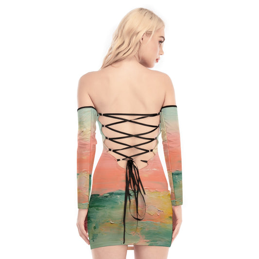 All-Over Print Women's Off-shoulder Back Lace-up Dress