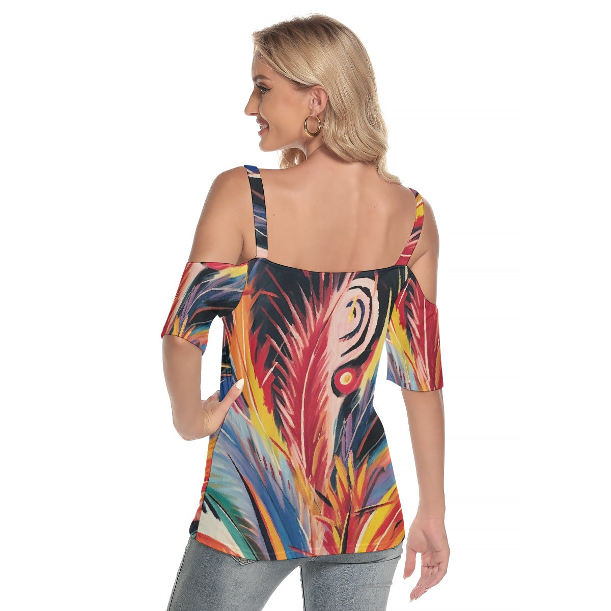 All-Over Print Women's Cold Shoulder T-shirt With Criss Cross Strips