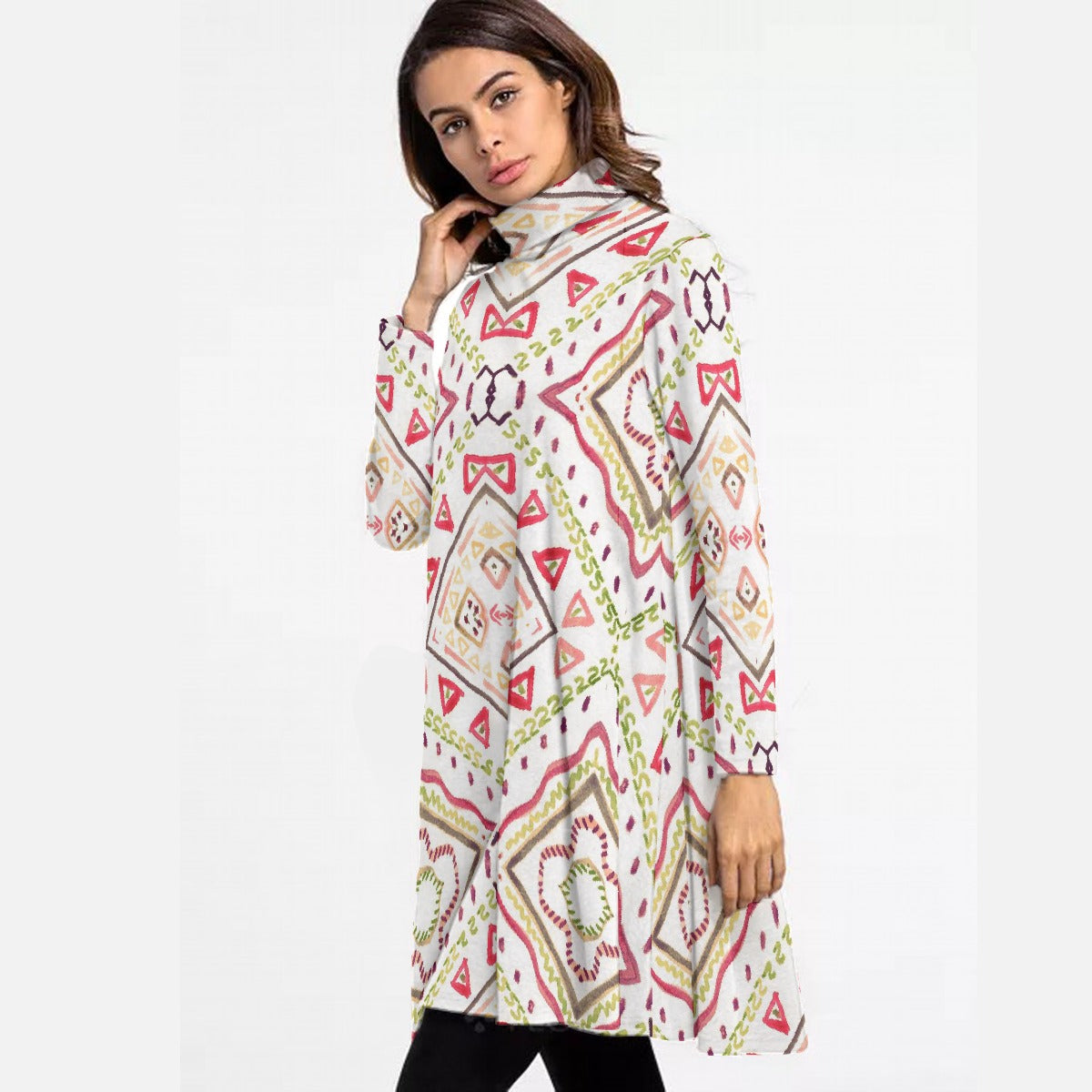 All-Over Print Women's High Neck Dress With Long Sleeve