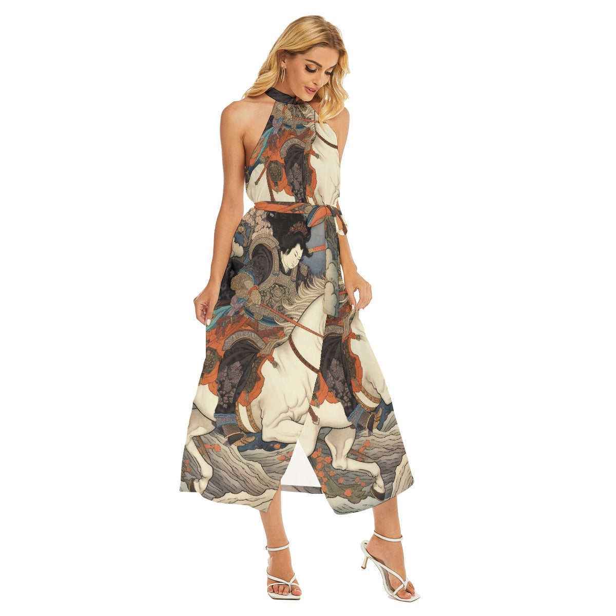 All-Over Print Women's Wrap Hem Belted Halter Dress