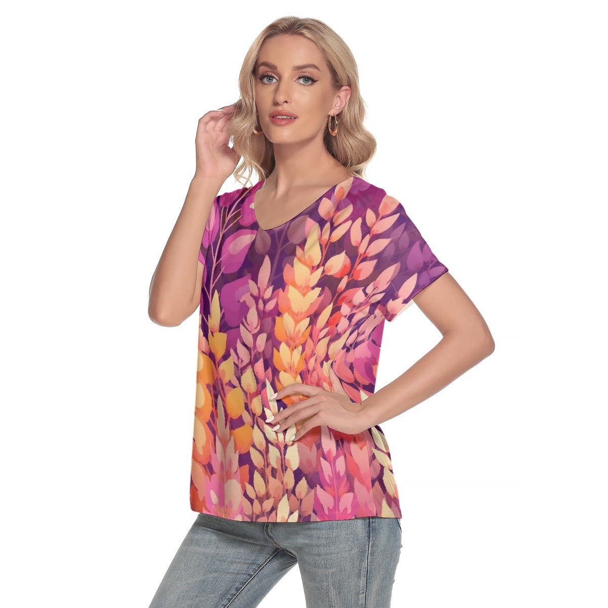 All-Over Print Women's Loose V-neck Short Sleeve T-shirt