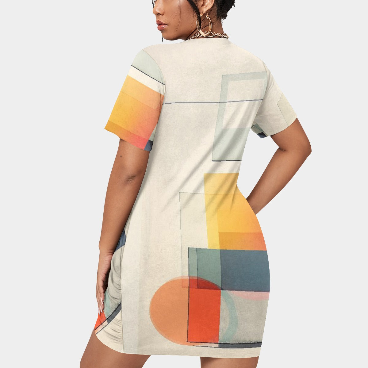 All-Over Print Women’s Stacked Hem Dress With Short Sleeve（Plus Size）