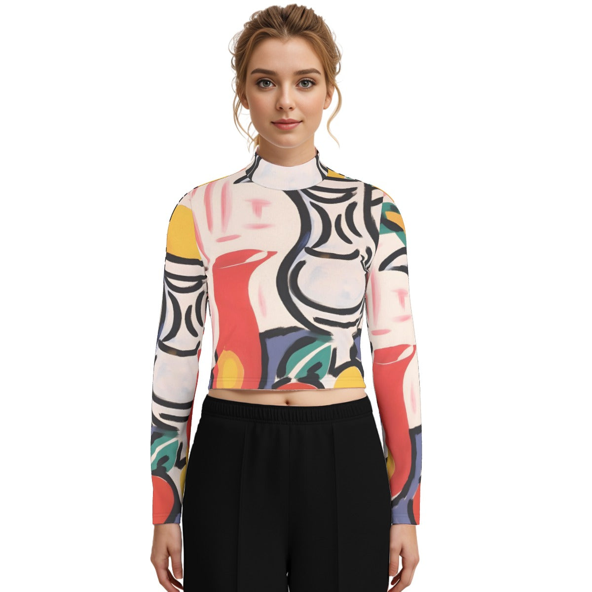 Eco-Friendly All-Over Print Women's Turtleneck T-shirt With Long Sleeve