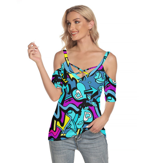 All-Over Print Women's Cold Shoulder T-shirt With Criss Cross Strips