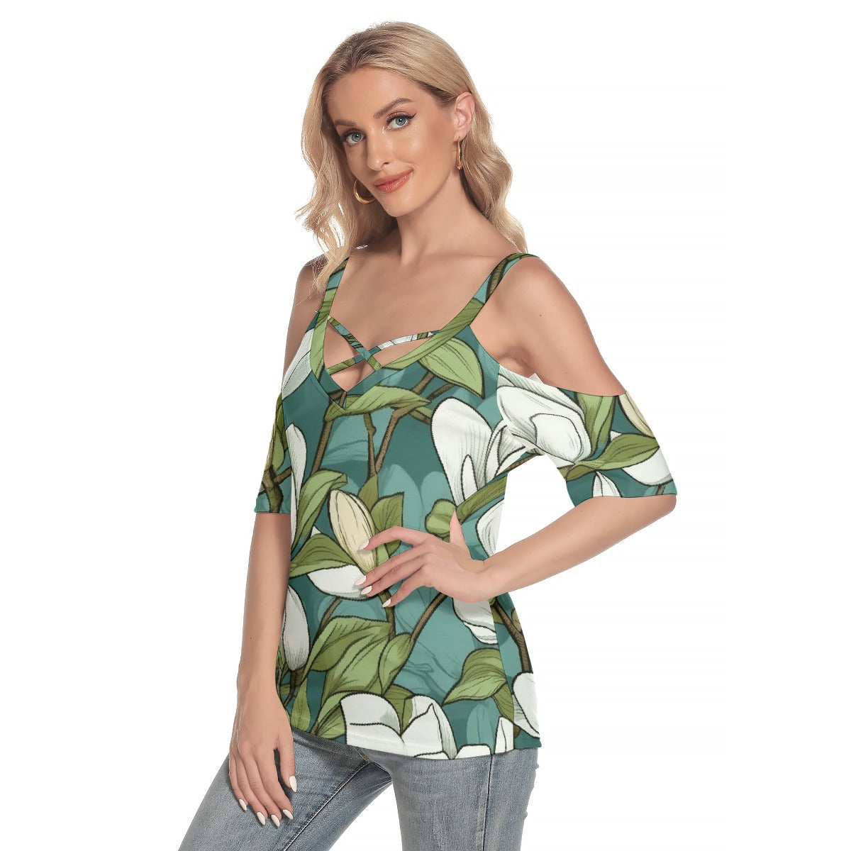 All-Over Print Women's Cold Shoulder T-shirt With Criss Cross Strips