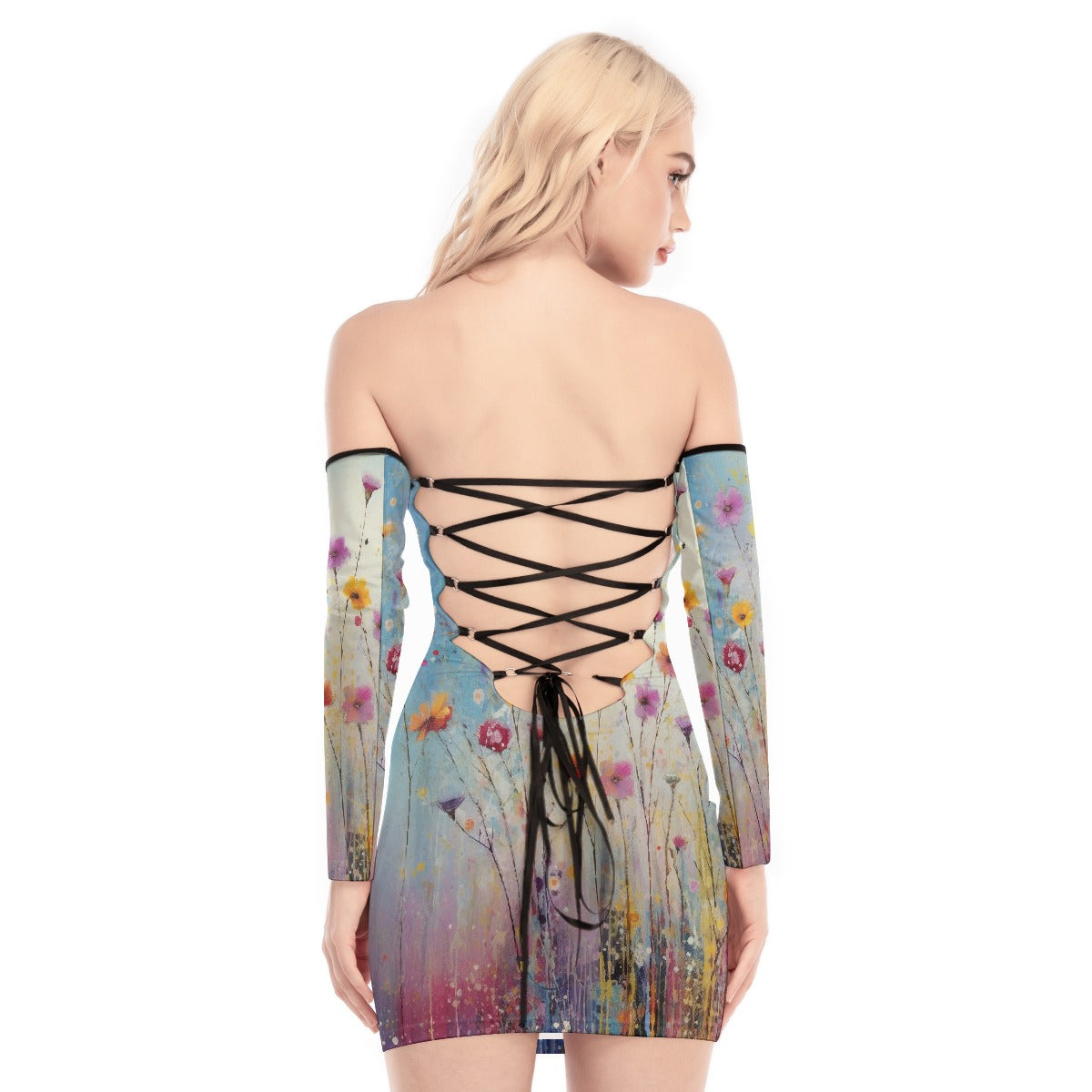 All-Over Print Women's Off-shoulder Back Lace-up Dress