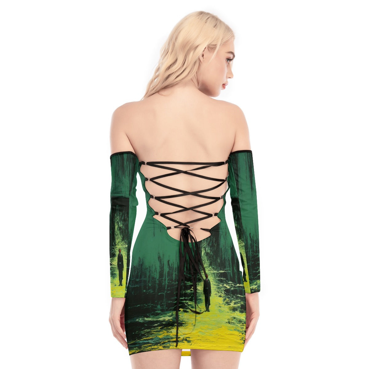 All-Over Print Women's Off-shoulder Back Lace-up Dress