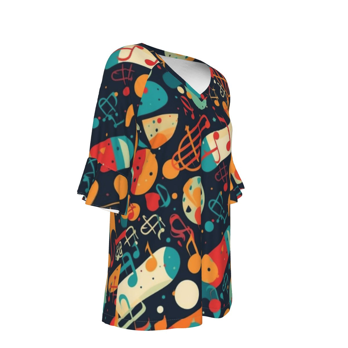 All-Over Print V-neck Women's T-shirt With Bell Sleeve