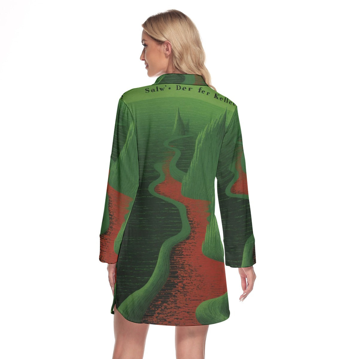 All-Over Print Women's Lapel Shirt Dress With Long Sleeve