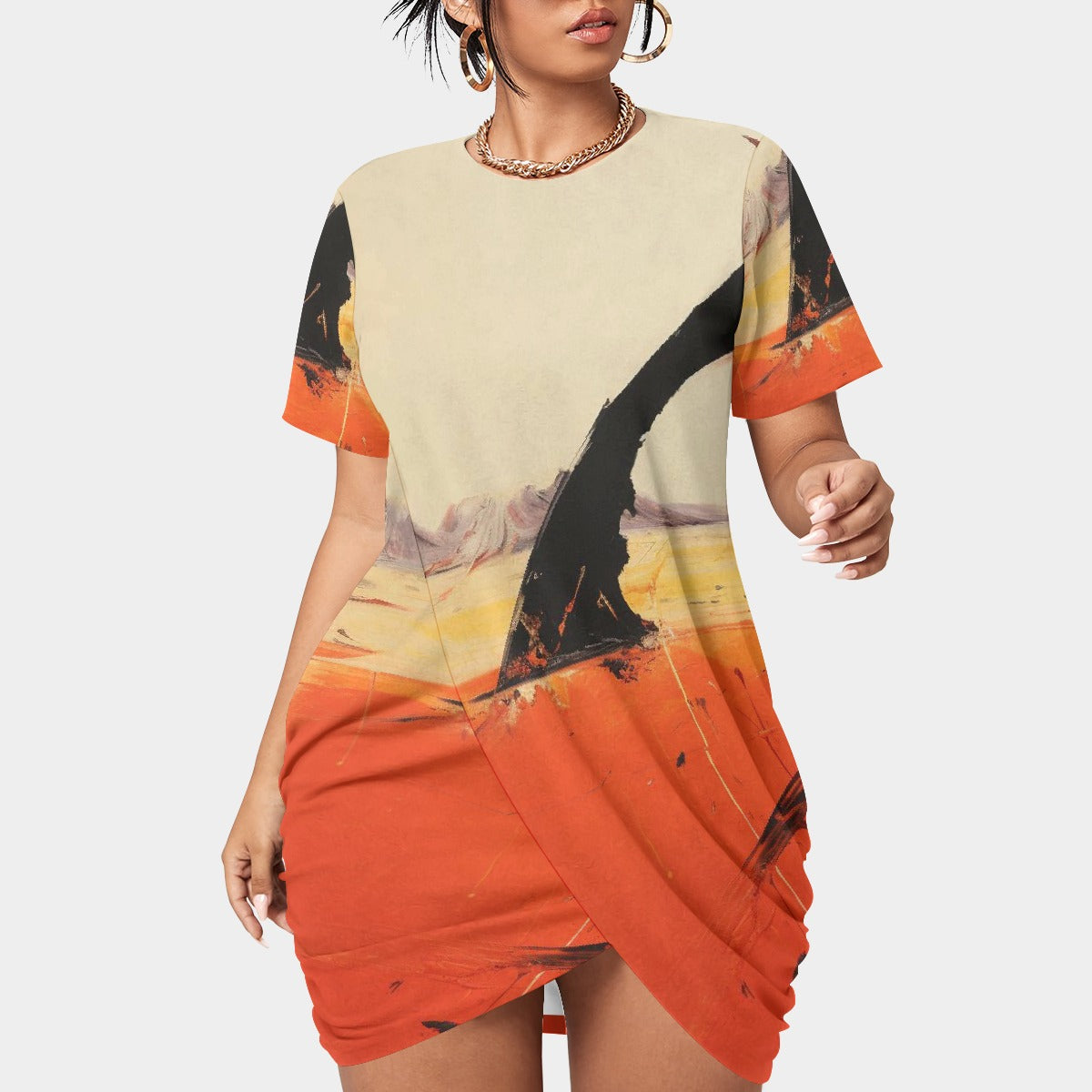 All-Over Print Women’s Stacked Hem Dress With Short Sleeve（Plus Size）