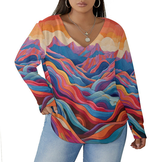 All-Over Print Women's V-neck T-shirt With Curved Hem(Plus Size)