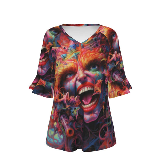 All-Over Print V-neck Women's T-shirt With Bell Sleeve