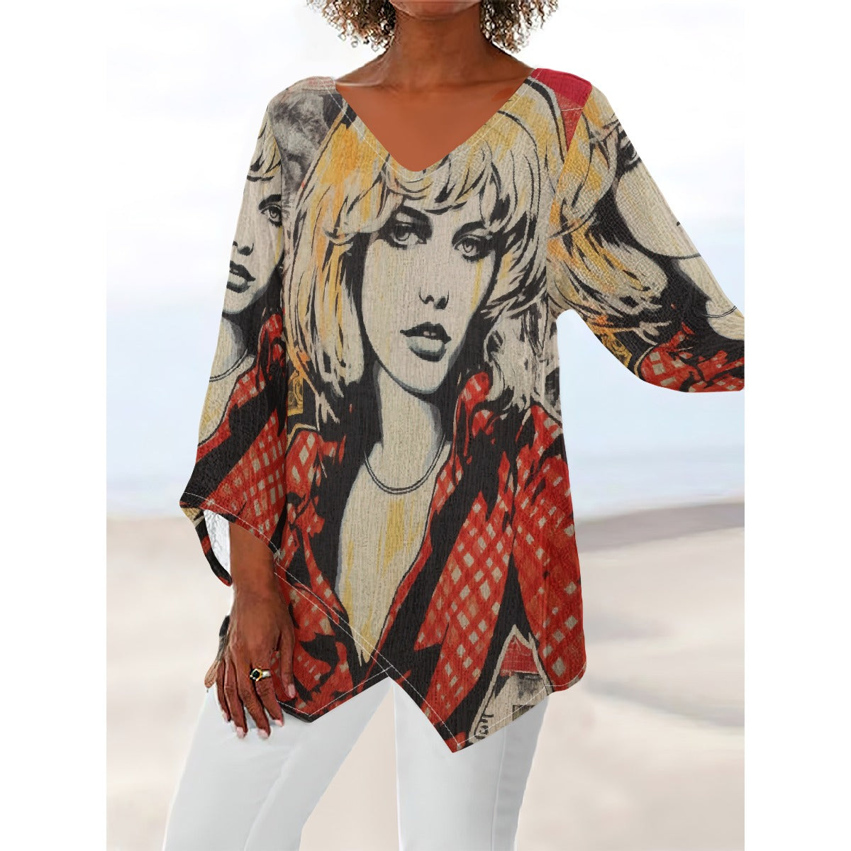 All-Over Print Women's V-neck T-shirt With Irregular Hem