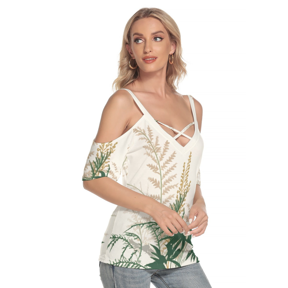 All-Over Print Women's Cold Shoulder T-shirt With Criss Cross Strips