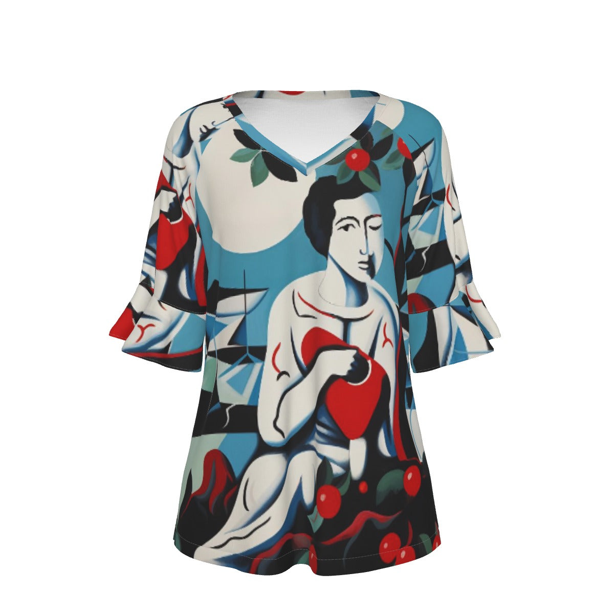 All-Over Print V-neck Women's T-shirt With Bell Sleeve