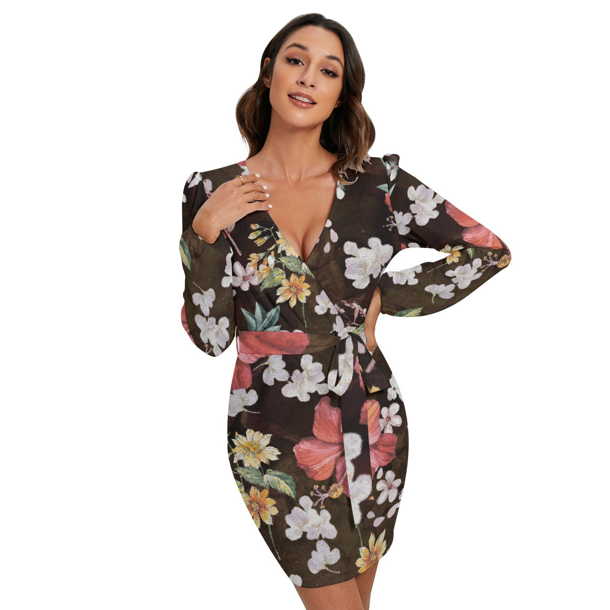 All-Over Print Women's Long Sleeve Dress With Waist Belt