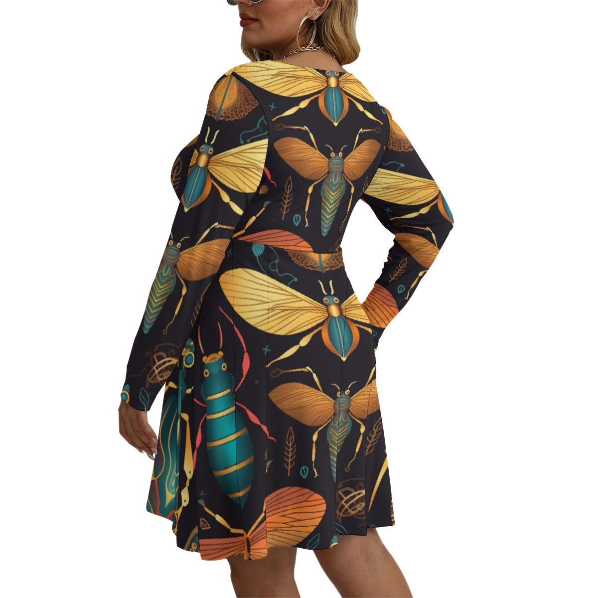 All-Over Print Women's V-neck Long Sleeve Dress(Plus Size)