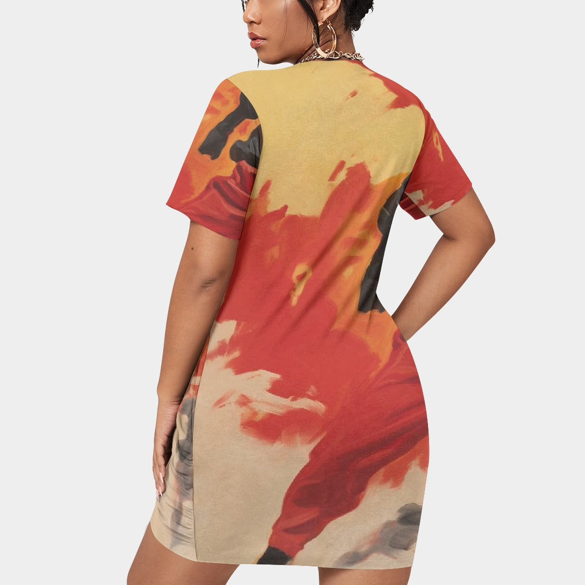 All-Over Print Women’s Stacked Hem Dress With Short Sleeve（Plus Size）