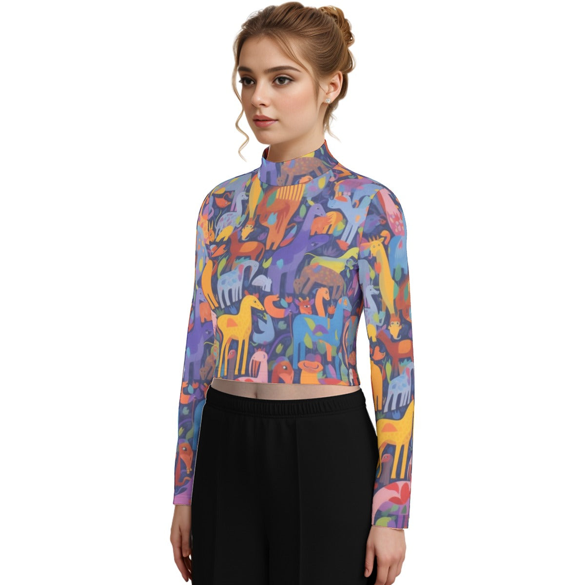 Eco-Friendly All-Over Print Women's Turtleneck T-shirt With Long Sleeve