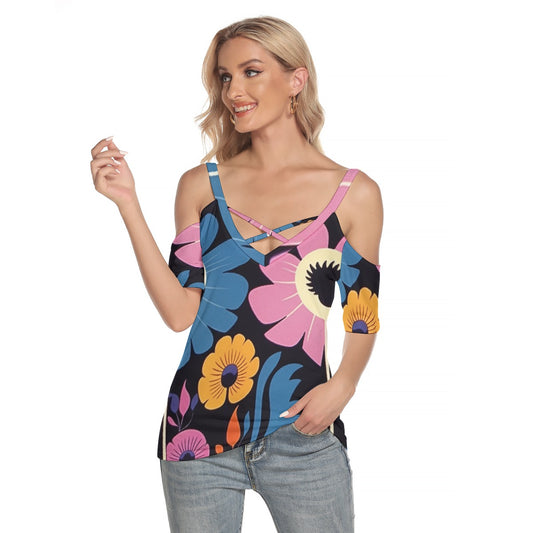 All-Over Print Women's Cold Shoulder T-shirt With Criss Cross Strips