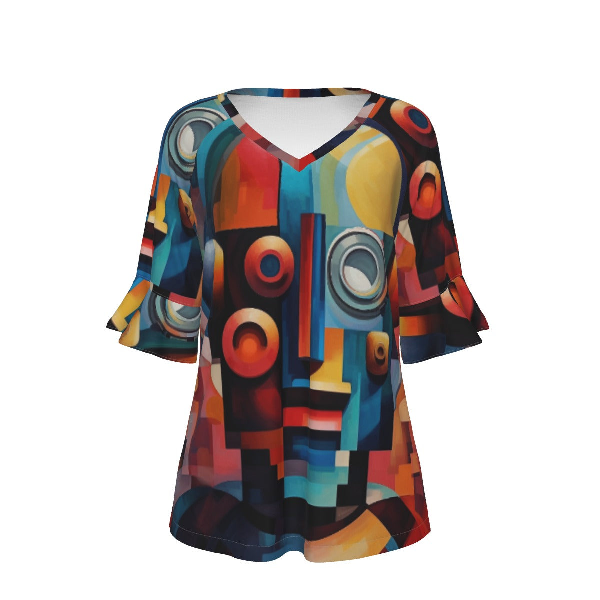 All-Over Print V-neck Women's T-shirt With Bell Sleeve