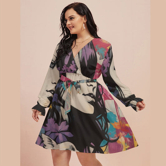 All-Over Print Women's V-neck Dress With Waistband(Plus Size)